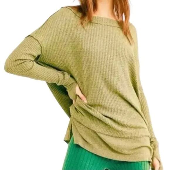 Free People We The Free Light Green Waffle Knit Thermal Tunic Long Sleeve Tee - Picture 1 of 12